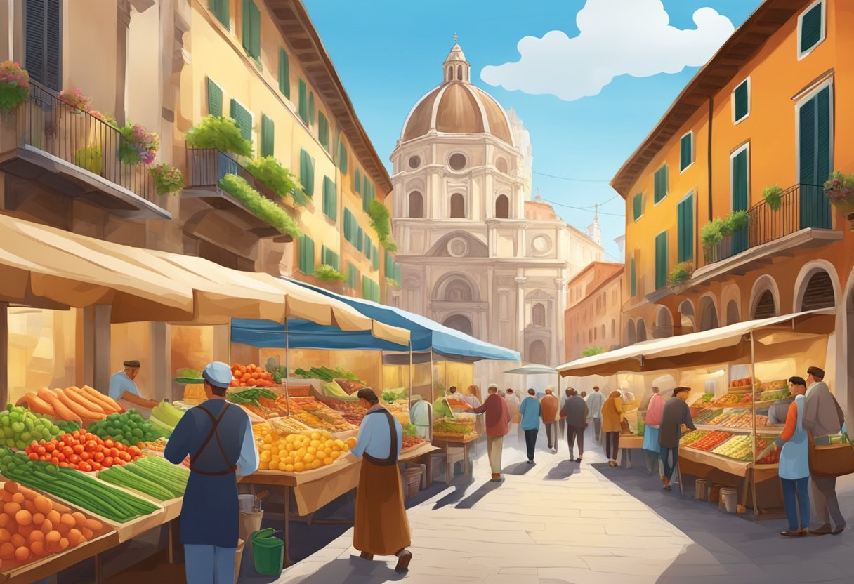 Vibrant Italian street market with colorful produce and local delicacies, set against a backdrop of historic architecture and bustling activity