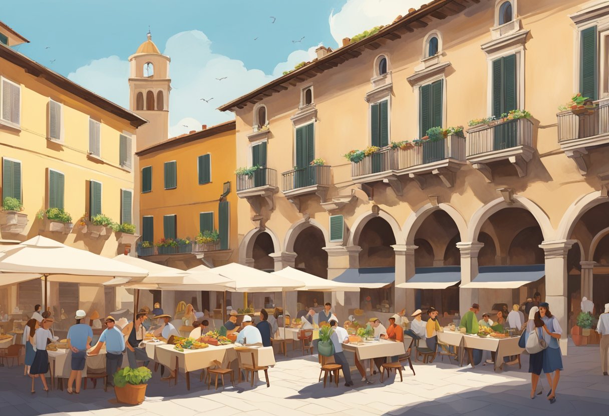 A sunny Italian piazza with a backdrop of historic buildings and a bustling market, with tourists and locals mingling and enjoying the atmosphere