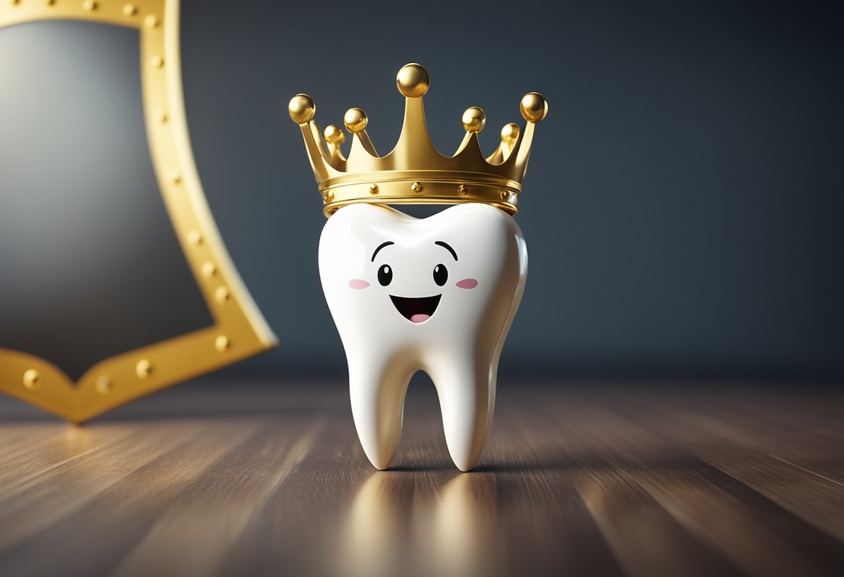 A smiling tooth with a shining golden crown, surrounded by a shield with the letters "SDK" and a protective barrier