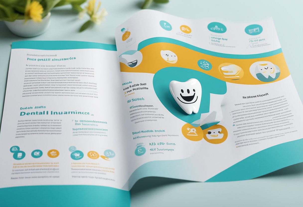 A dental insurance leaflet with bold text and a logo, surrounded by tooth illustrations and a smiling tooth mascot