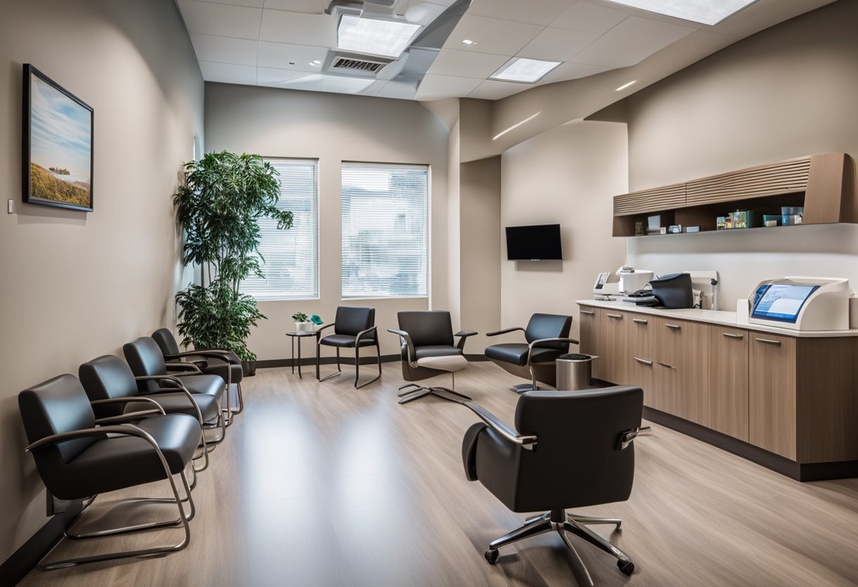 A dental office with a modern waiting area, comfortable chairs, and a reception desk. Dental equipment and posters on the walls