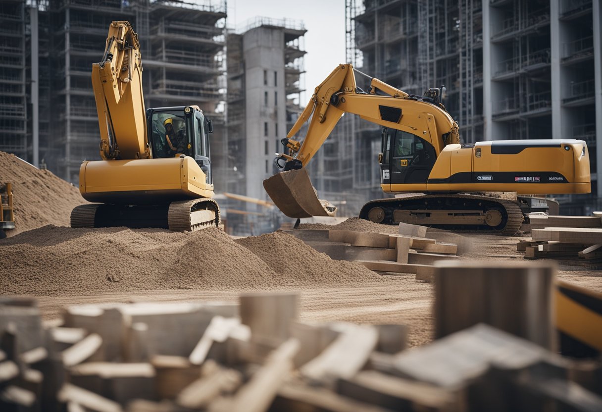 A construction site with various potential hazards, such as heavy machinery, tools, and building materials. A builder is working on a structure while others are moving around the site