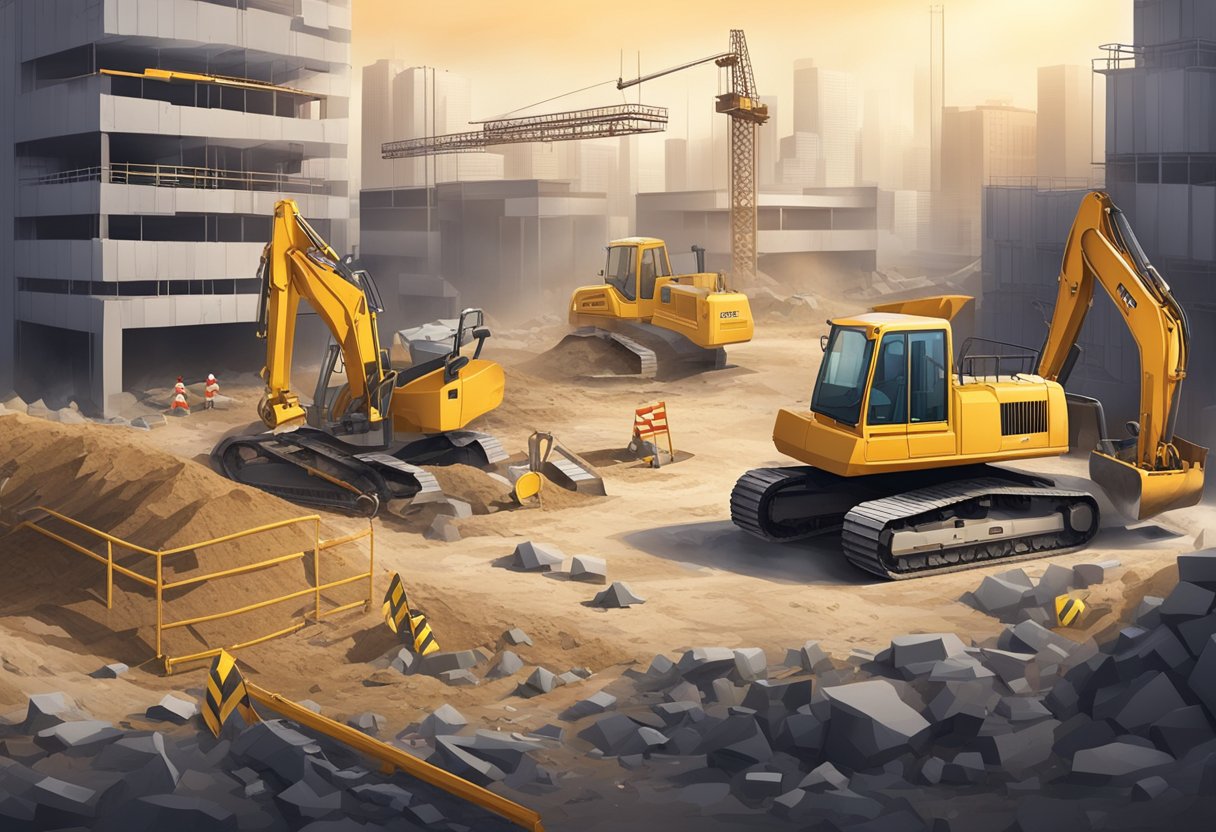 A construction site with various potential hazards such as falling objects, slippery surfaces, and uneven ground. Machinery and equipment are scattered around, with warning signs and barriers present