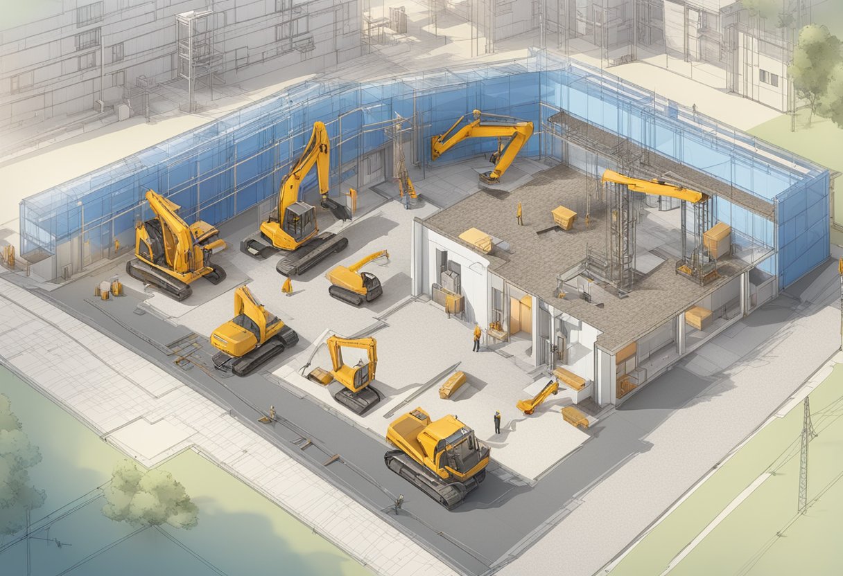 A construction site with various tools and equipment scattered around, a blueprint of a building, and a sign displaying "Frequently Asked Questions Bauherrenhaftpflicht der LVM" prominently
