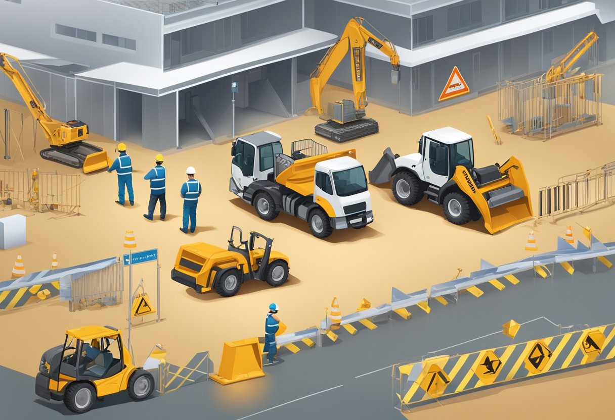 A construction site with workers and equipment, surrounded by caution signs and safety barriers, with the logo of "Bauherrenhaftpflicht der LVM" prominently displayed