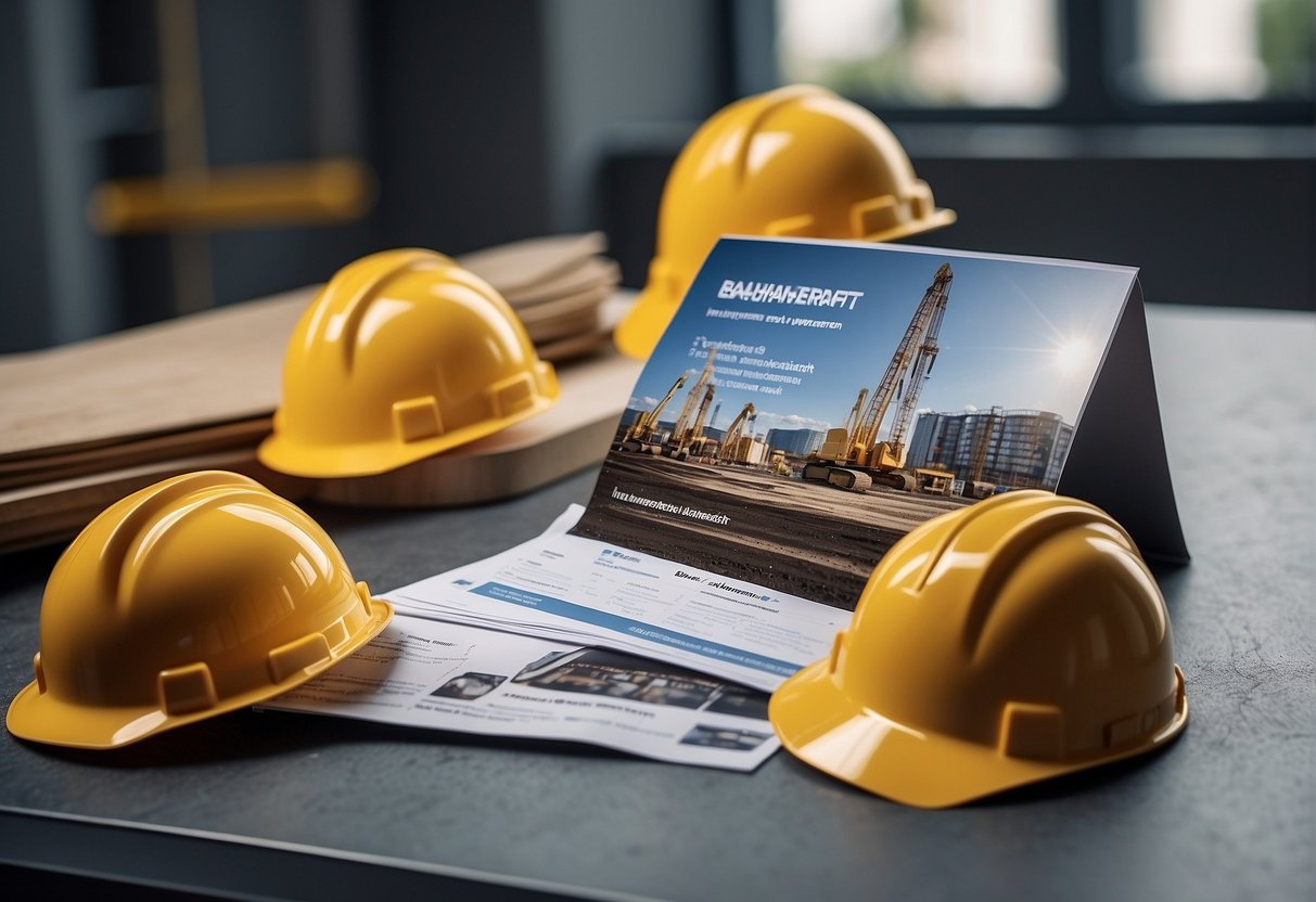 A construction site with VHV Bauherrenhaftpflicht insurance brochure, price comparison chart, and coverage details displayed on a table