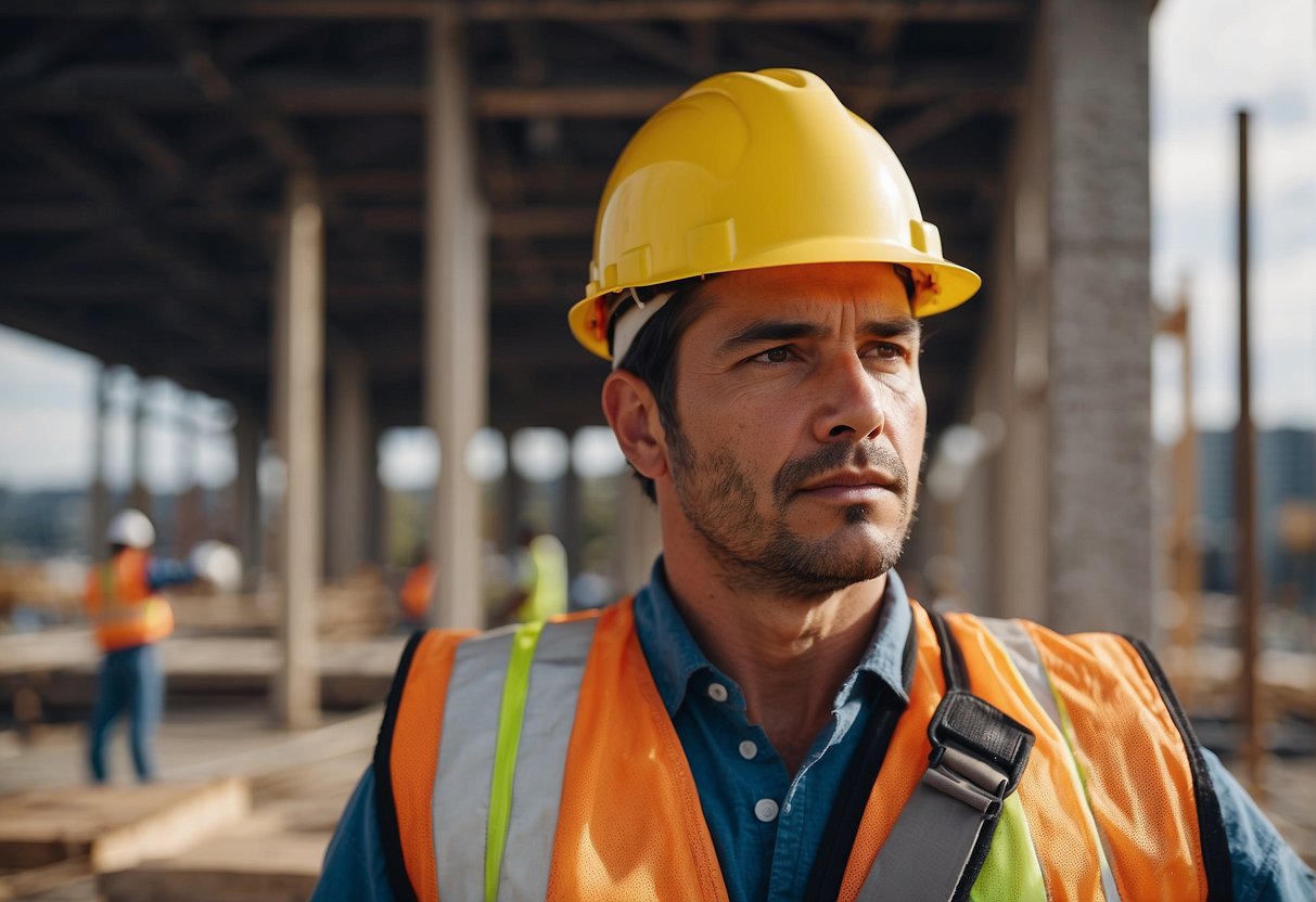 A construction worker surveys damage as a DEVK representative provides support for builders' liability insurance