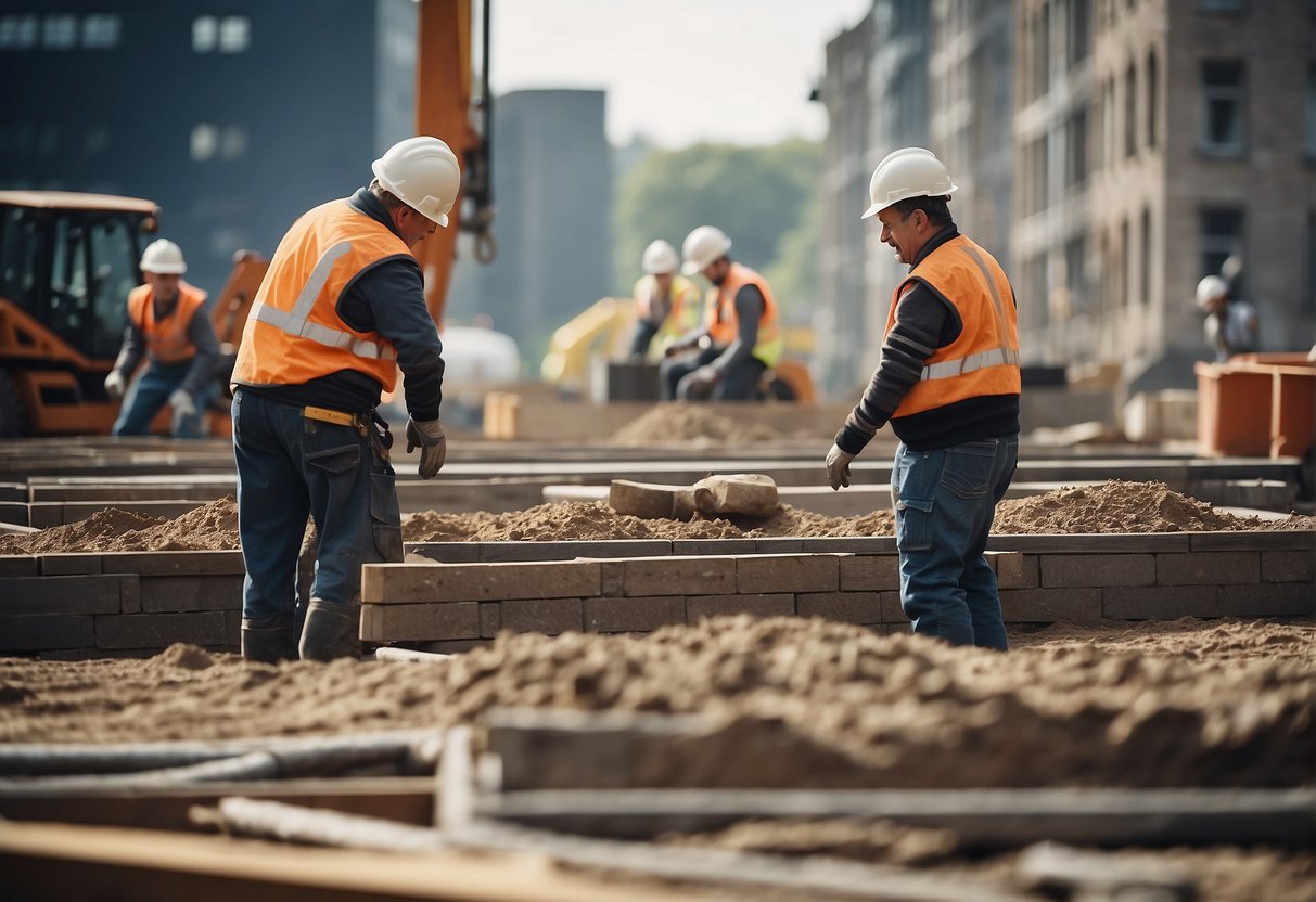 The scene shows a construction site with workers receiving assistance from DEVK's Bauherrenhaftpflichtversicherung services