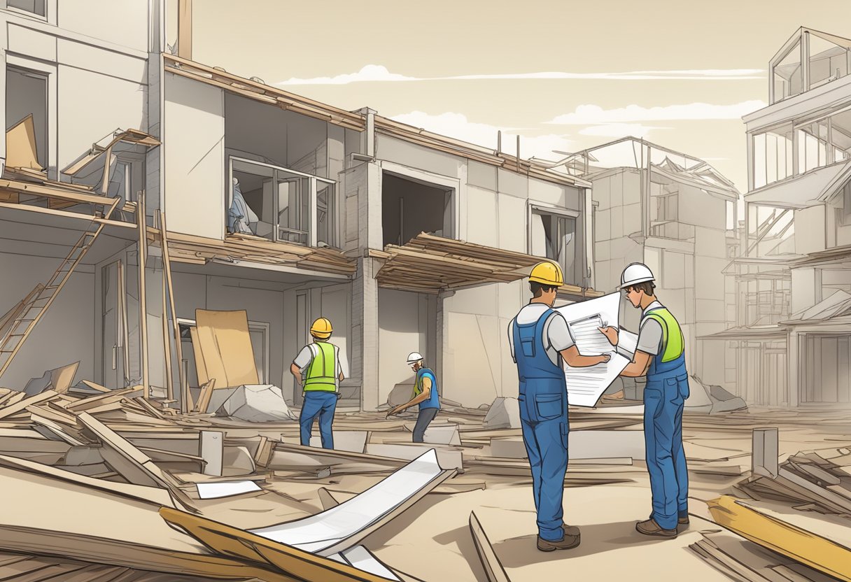 A construction site with damaged property and a person filling out a claim form for ERGO's builders' liability insurance