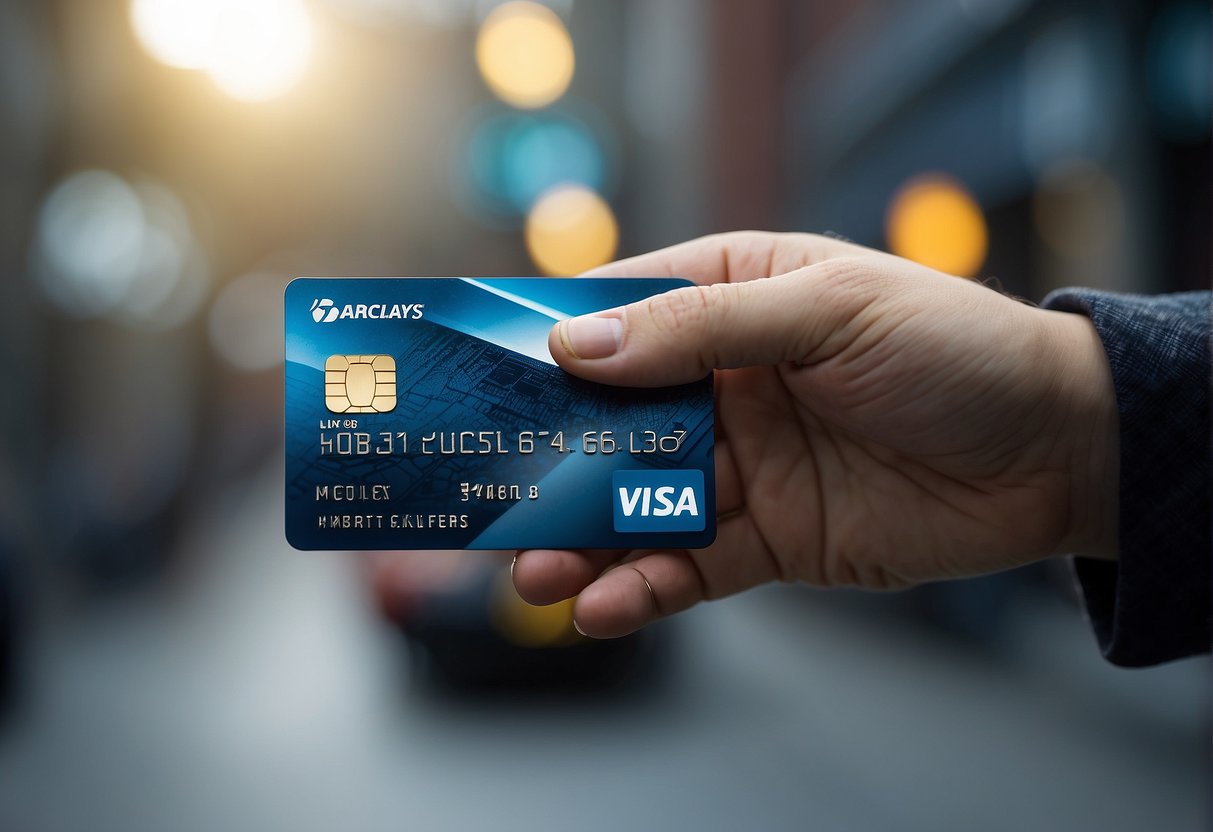 A hand holding a Barclays Visa credit card with the logo facing forward, against a clean, modern background