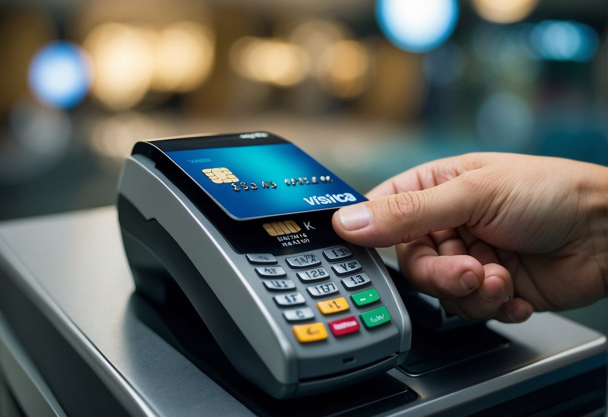A hand swiping a Barclays Visa credit card at a payment terminal