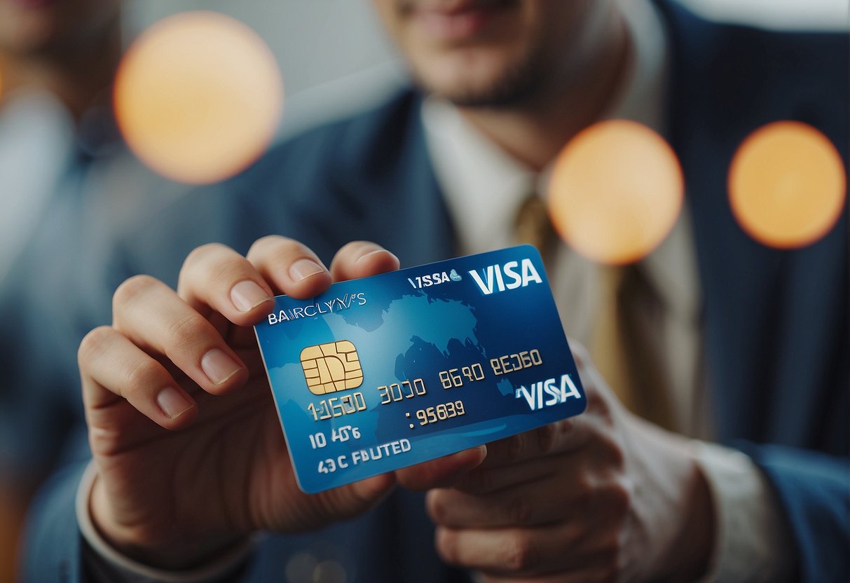 A person holding a Barclays Visa credit card, surrounded by frequently asked questions and problem-solving icons