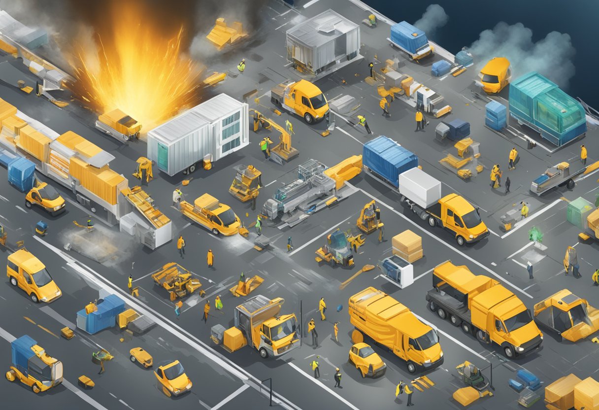 A chaotic scene of potential risks and safety measures for CosmosDirekt liability insurance. Various hazards and protective measures are depicted in a dynamic and engaging manner