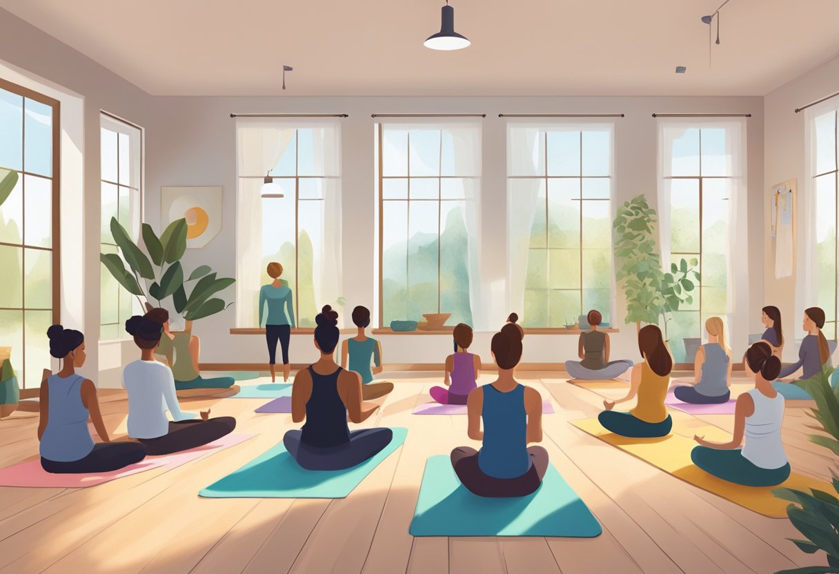 A yoga teacher leads a class, surrounded by peaceful students in a serene studio setting, with mats and props neatly arranged