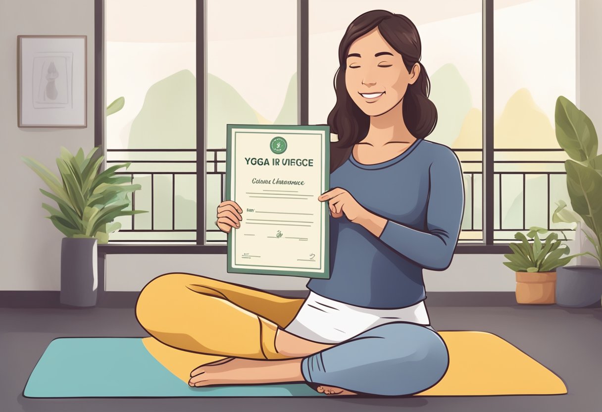 A yoga teacher holding a liability insurance certificate with a serene yoga studio in the background
