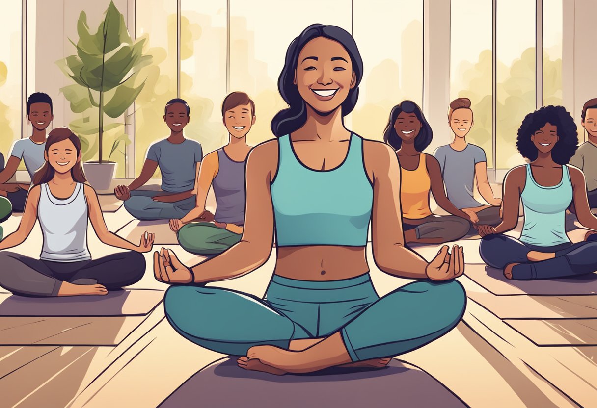 A serene yoga instructor surrounded by students, answering common insurance questions with a helpful smile