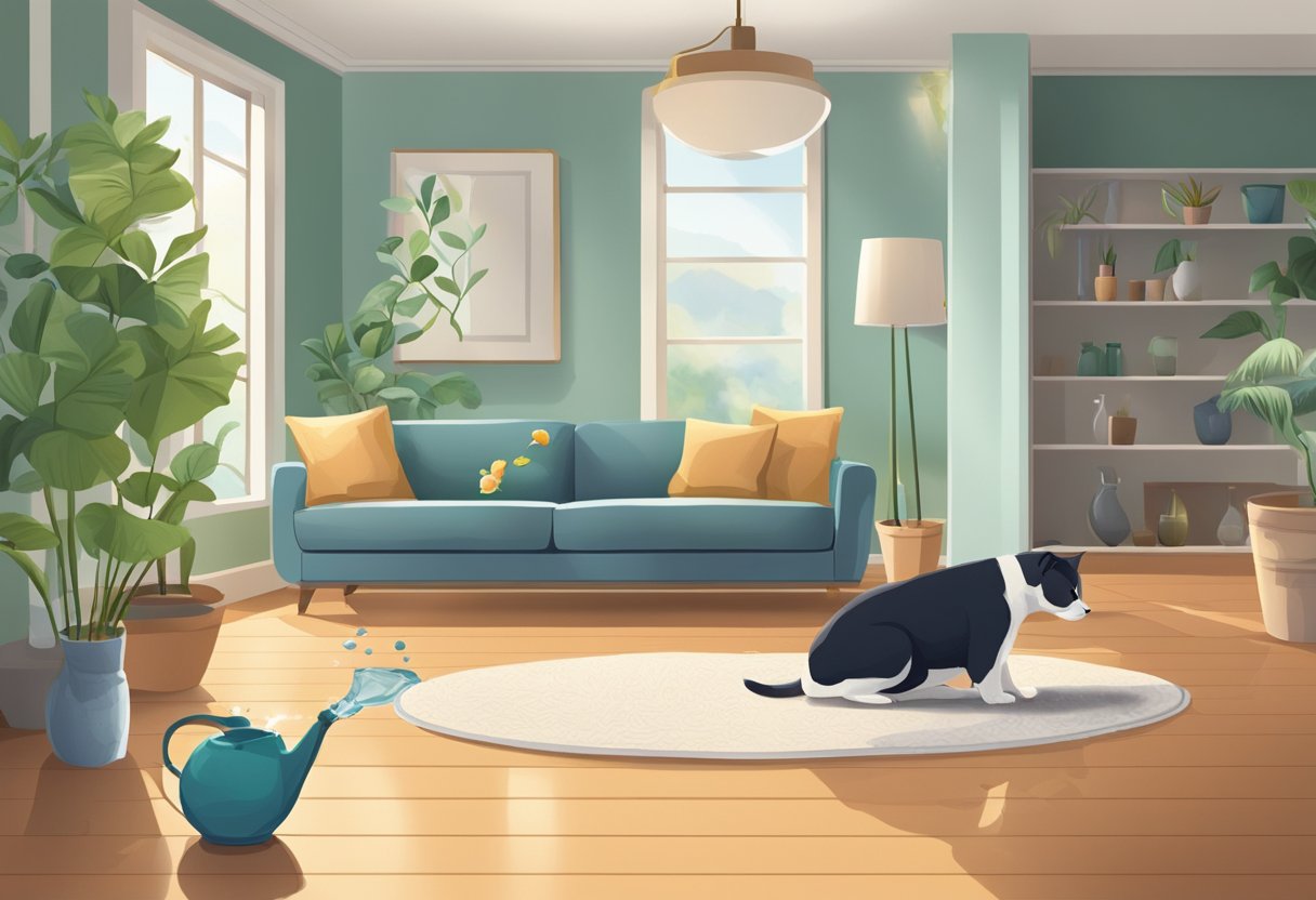 A living room with a broken vase and spilled water on the floor, while a pet is seen knocking over a plant pot