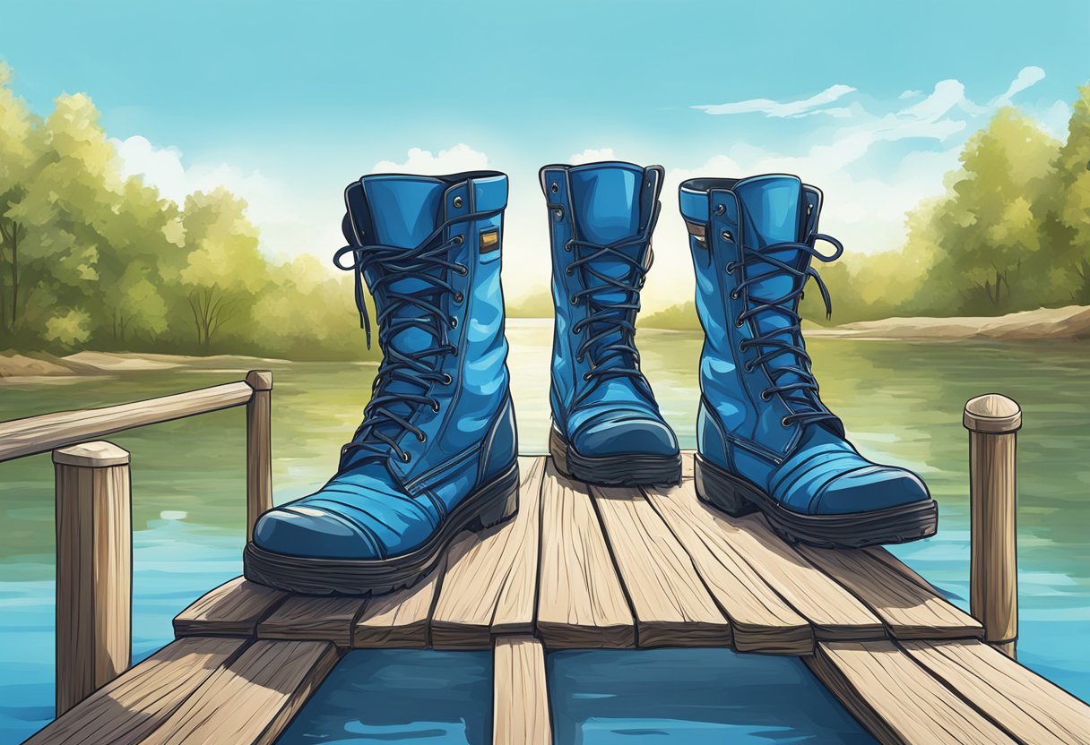 A pair of sturdy boots stands on a wooden dock, surrounded by rippling water and a clear blue sky