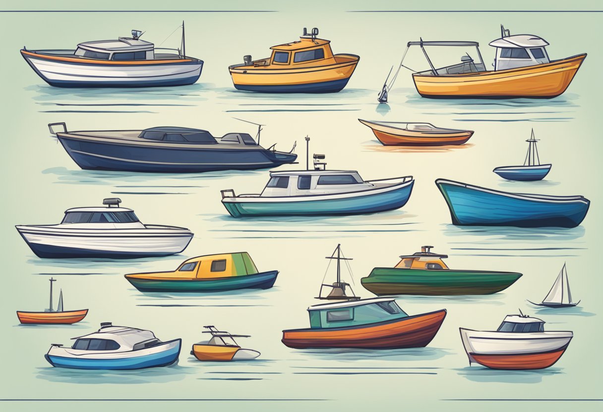 A variety of boat insurance options are displayed on a table, including coverage for damage, theft, and liability. The options are neatly organized and labeled for easy reference