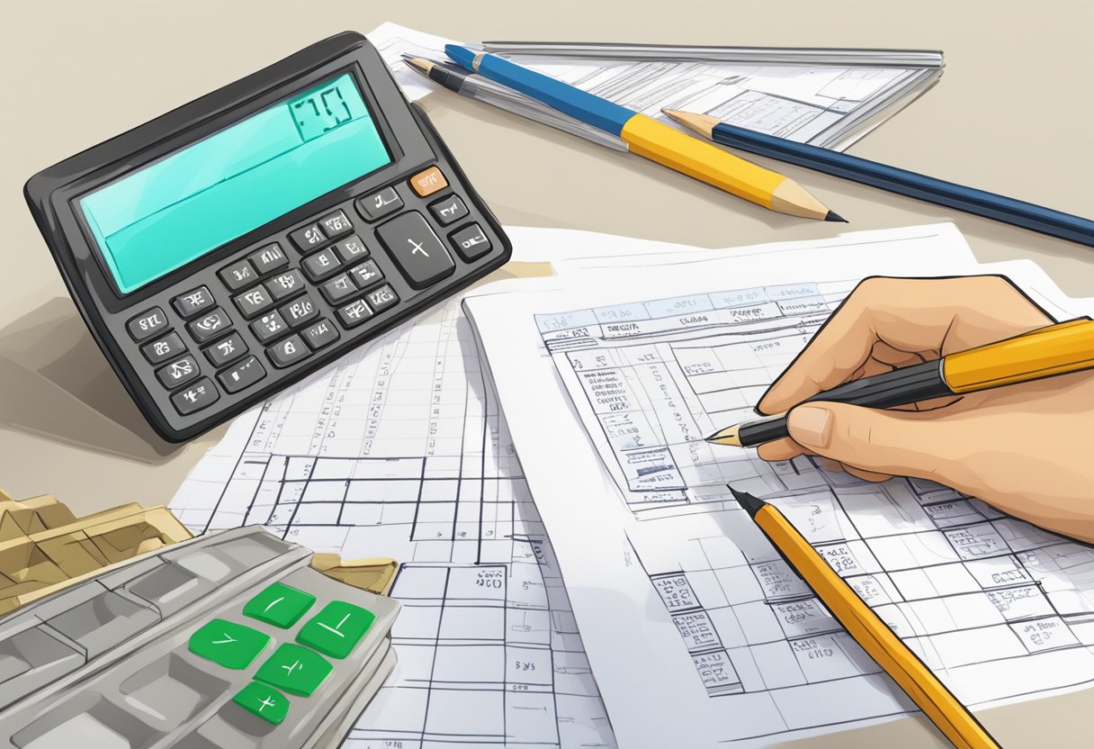 A person using a calculator and writing on a budget plan for construction financing