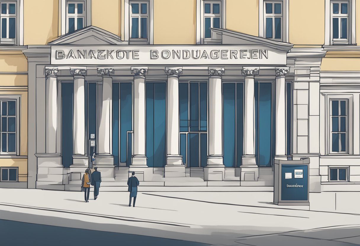 A bank building with a sign displaying "Bankenangebote und Konditionen Baufinanzierung" in bold letters. Surrounding area is clean and modern