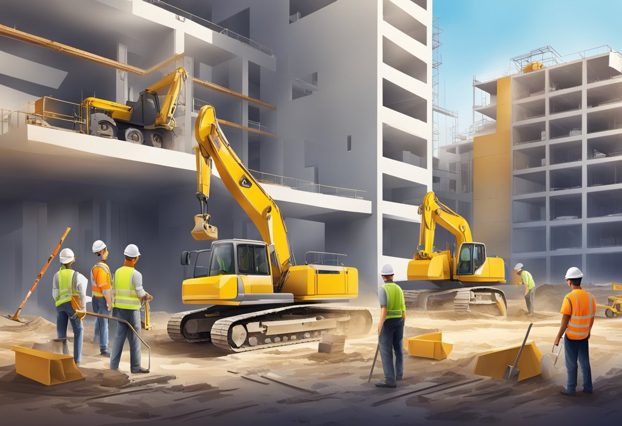 A construction site with workers and machinery, renovating and maintaining buildings for financing