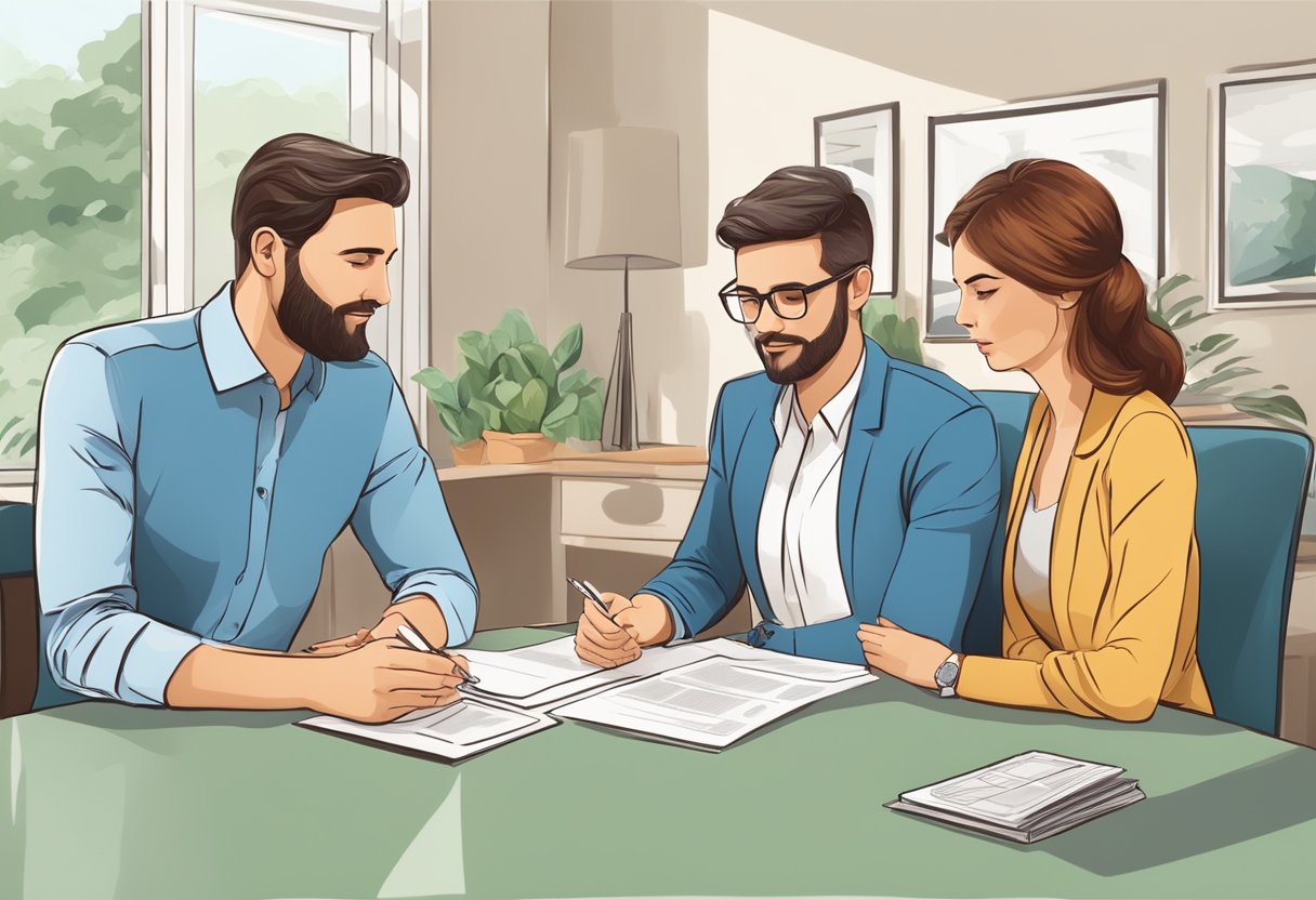A couple sits at a table with a mortgage advisor, discussing financial documents and terms for a home loan