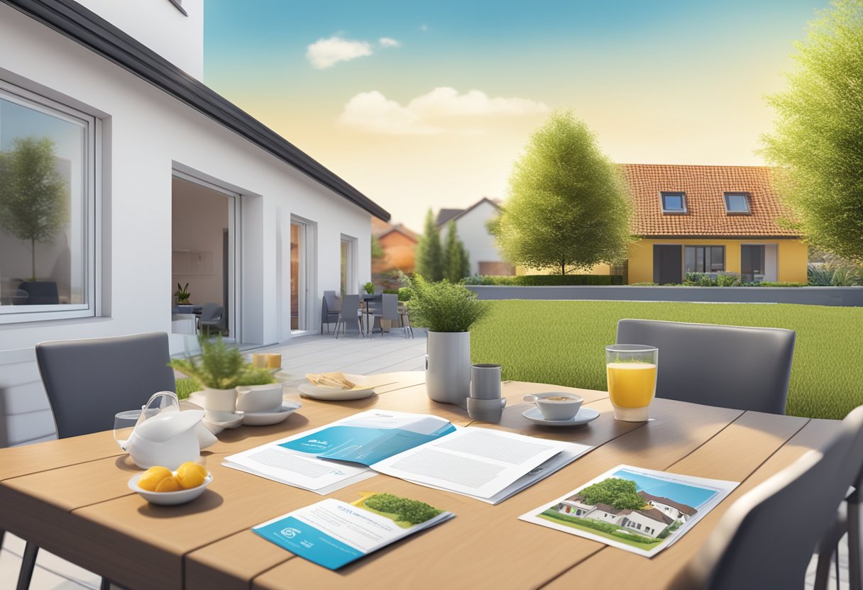 A sunny day in a suburban neighborhood, with a BavariaDirekt Private Haftpflichtversicherung brochure displayed on a clean, modern table