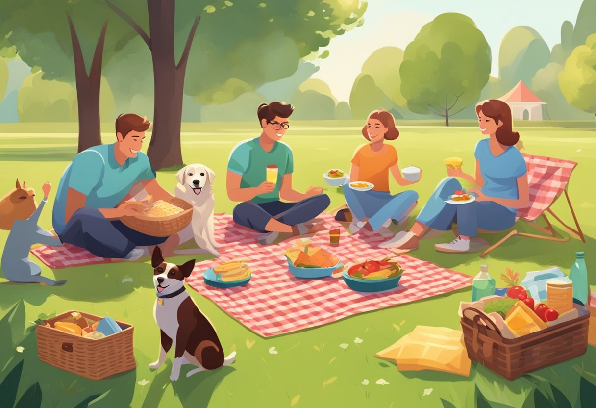 A family picnic in a sunny park, with a blanket spread out on the grass and a picnic basket filled with food and drinks. A frisbee is being thrown and a dog is playing nearby