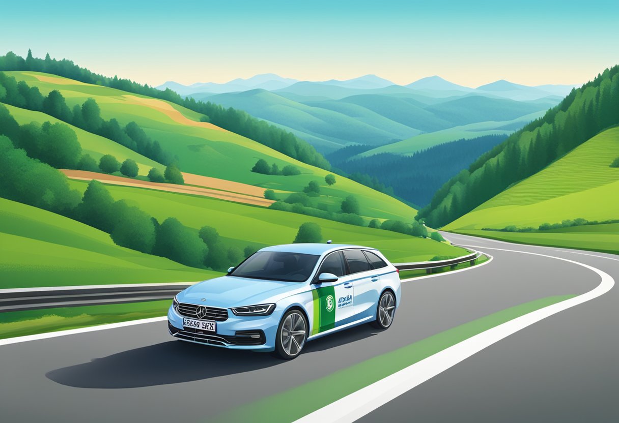 A car with the BavariaDirekt logo on the side, driving on a road with green hills and a clear blue sky in the background