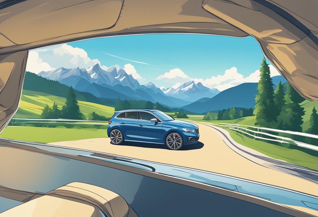 A car driving through the scenic Bavarian countryside, with mountains in the background and a clear blue sky above