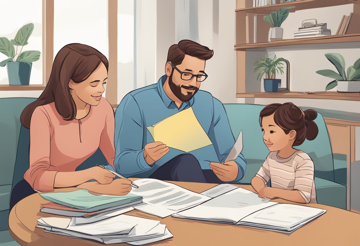 A family sits at a table, reviewing insurance documents from Check24. The father points to the fine print while the mother listens attentively