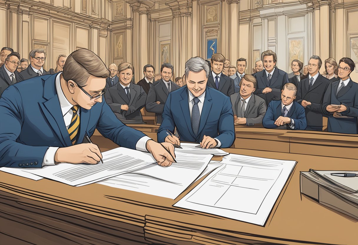 The scene depicts a contract being signed with the BavariaDirekt logo in the background, showcasing legal and insurance elements