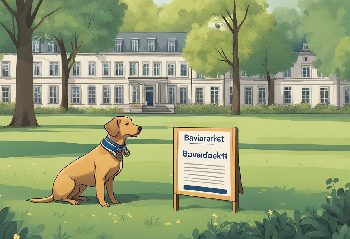 A dog with a collar labeled "BavariaDirekt" stands in a park. A sign nearby reads "Frequently Asked Questions Hundehaftpflicht."