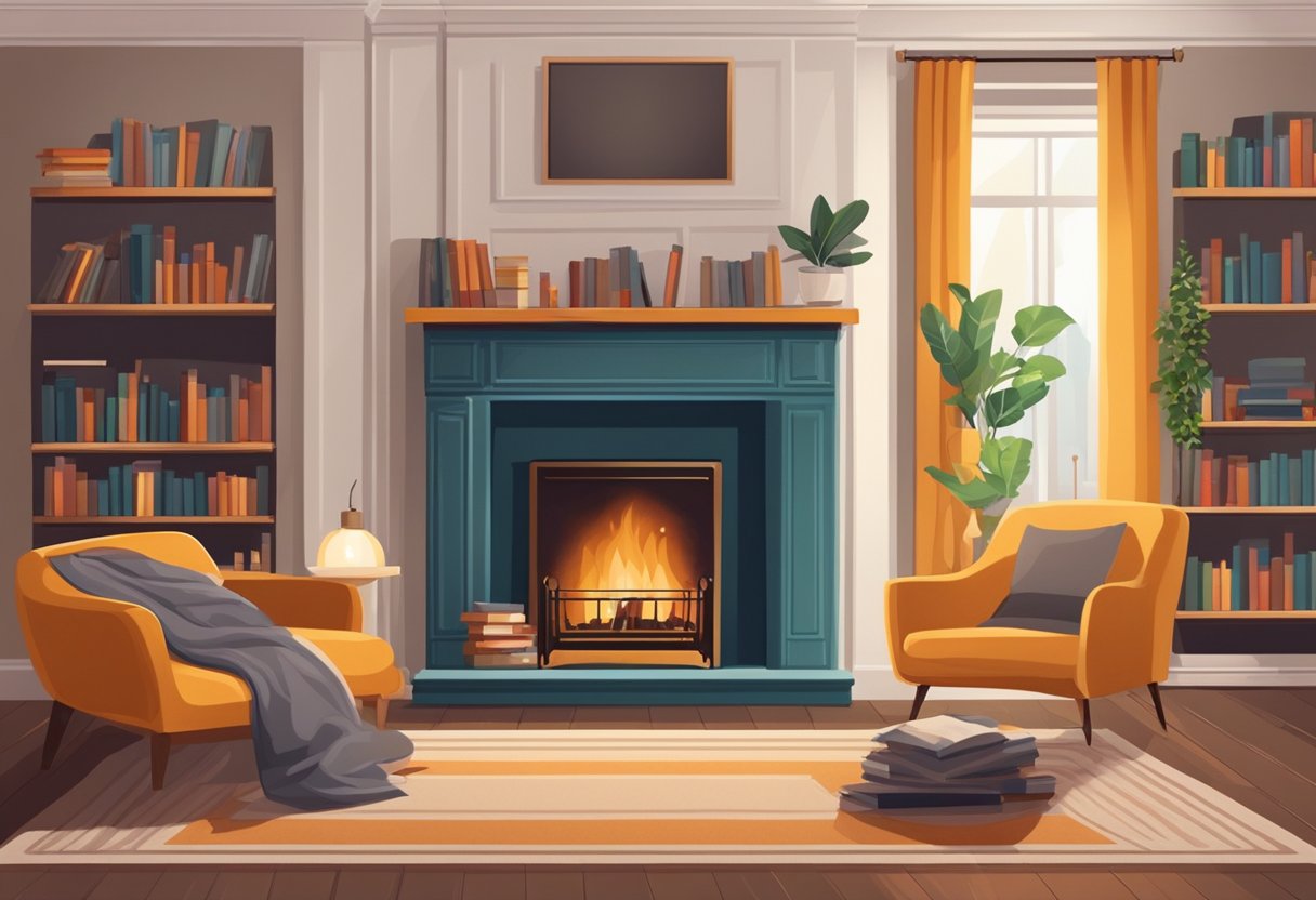 A cozy living room with a roaring fireplace, a bookshelf filled with books, and a comfortable sofa with a warm blanket