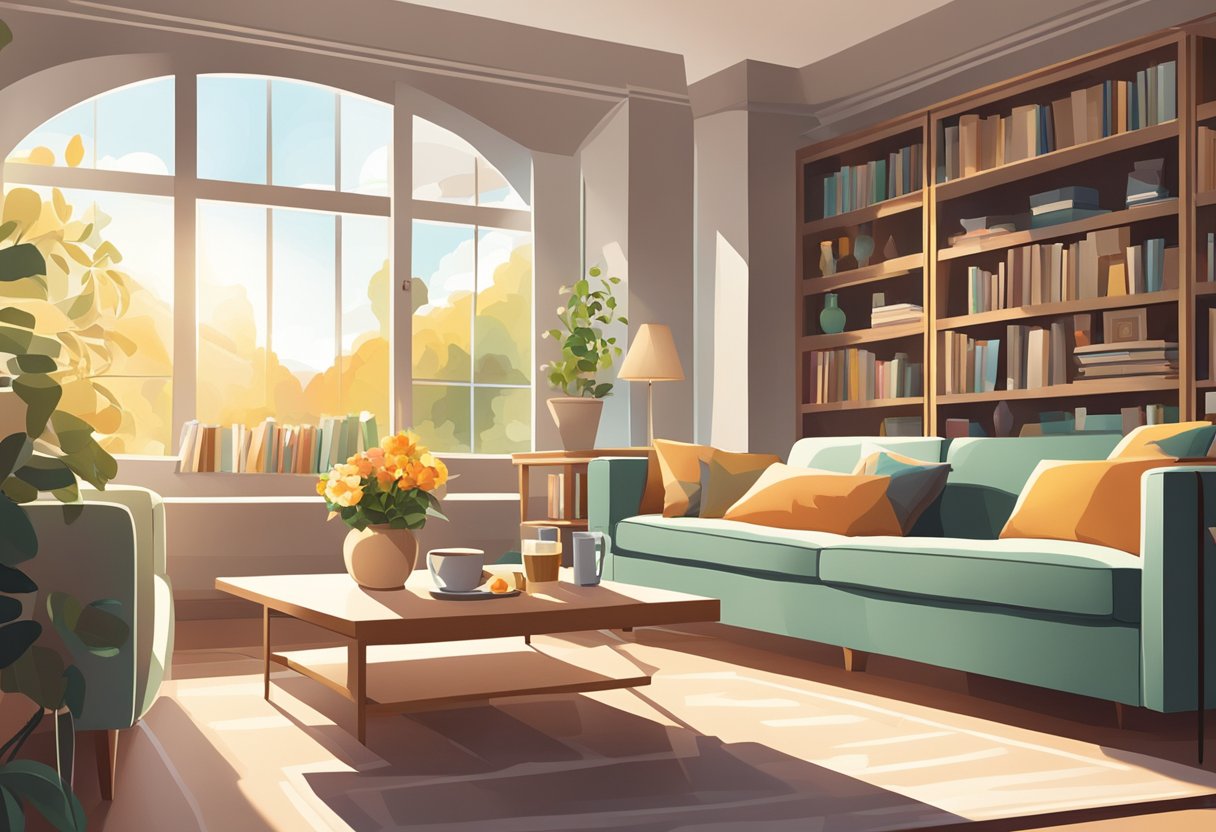 A living room with a cozy sofa, coffee table, and bookshelf. A vase of flowers sits on the table, and sunlight streams in through the window