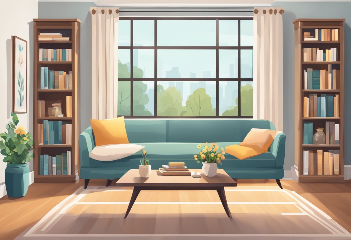 A cozy living room with a couch, coffee table, and bookshelves. A window lets in natural light, and a vase of flowers sits on the table
