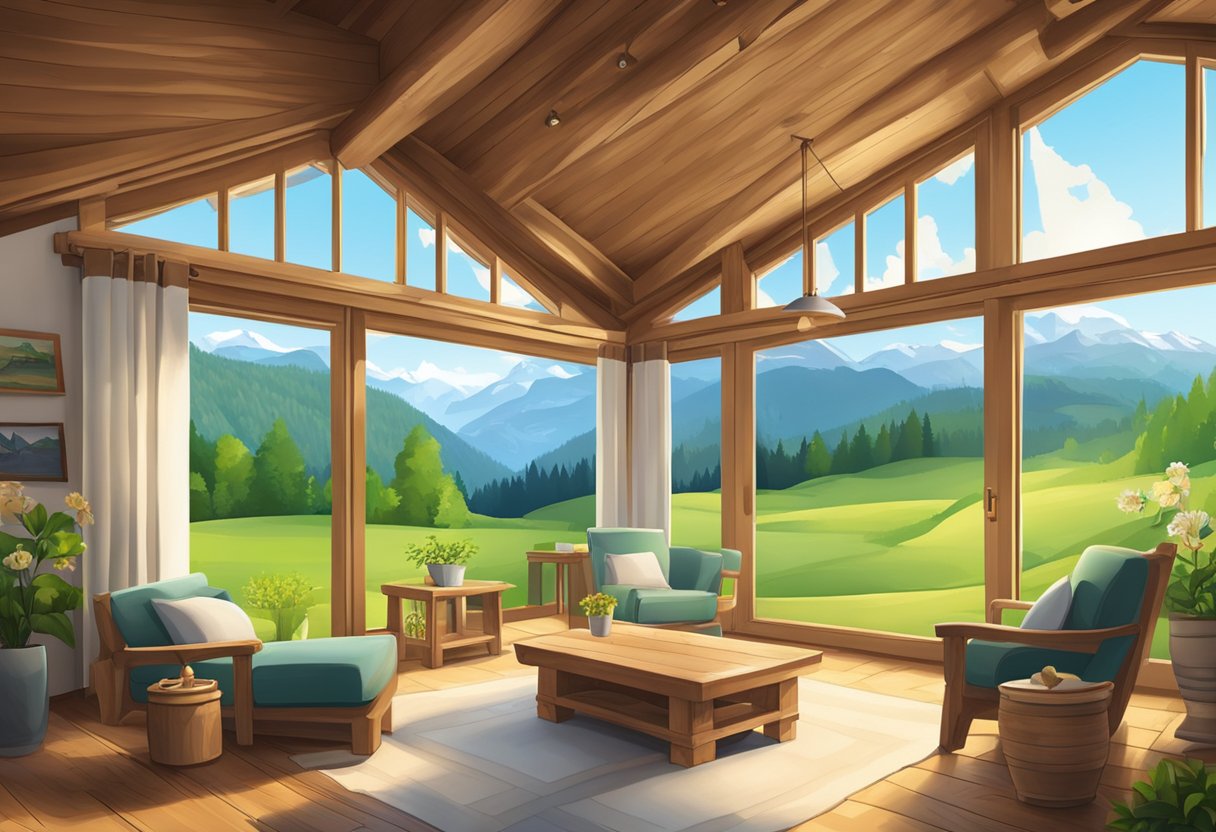 A cozy living room with a Bavarian countryside view, featuring a traditional wooden chalet and lush green hills