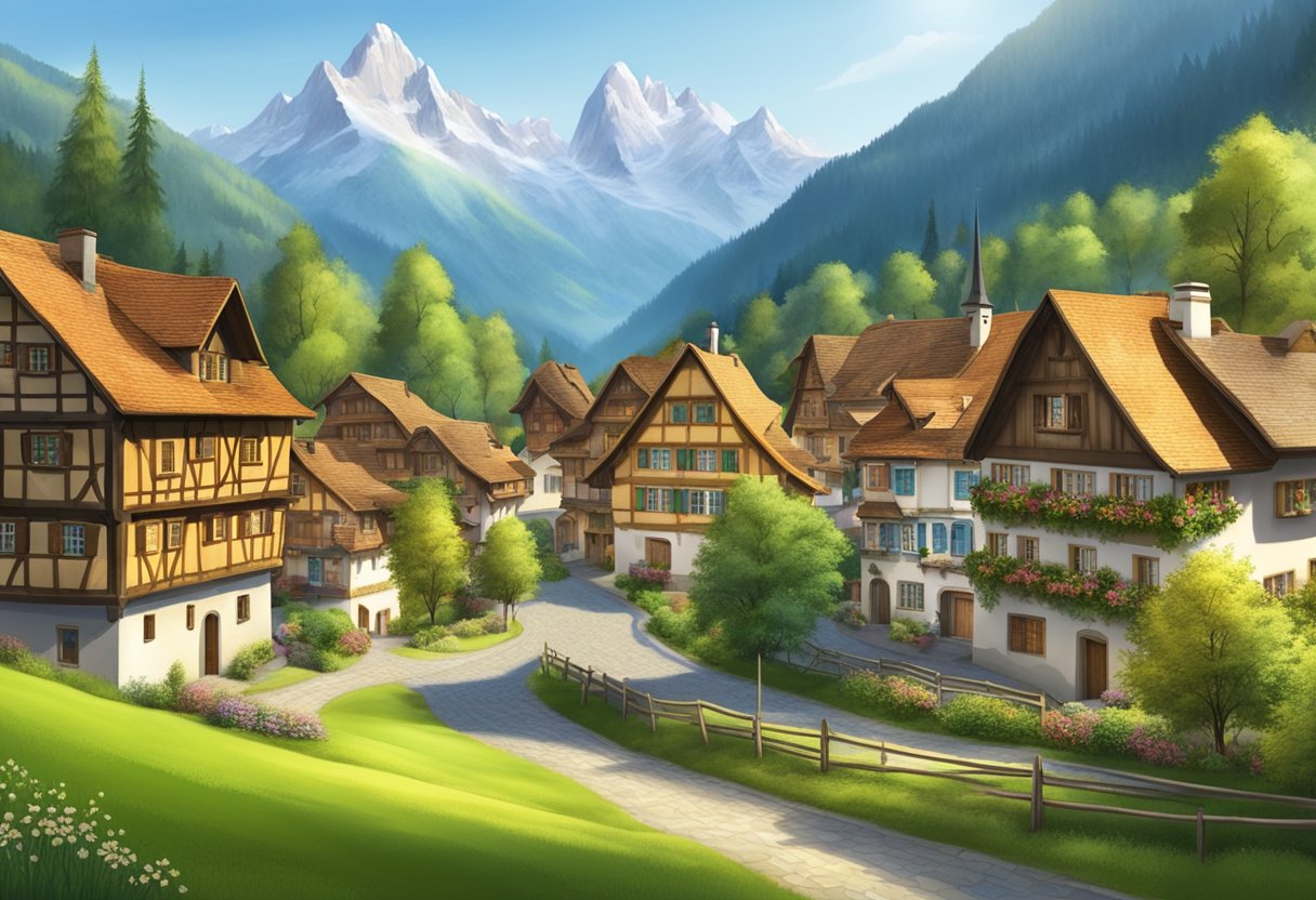 A traditional Bavarian village with a picturesque landscape, including alpine mountains, green meadows, and a charming village with timber-framed houses