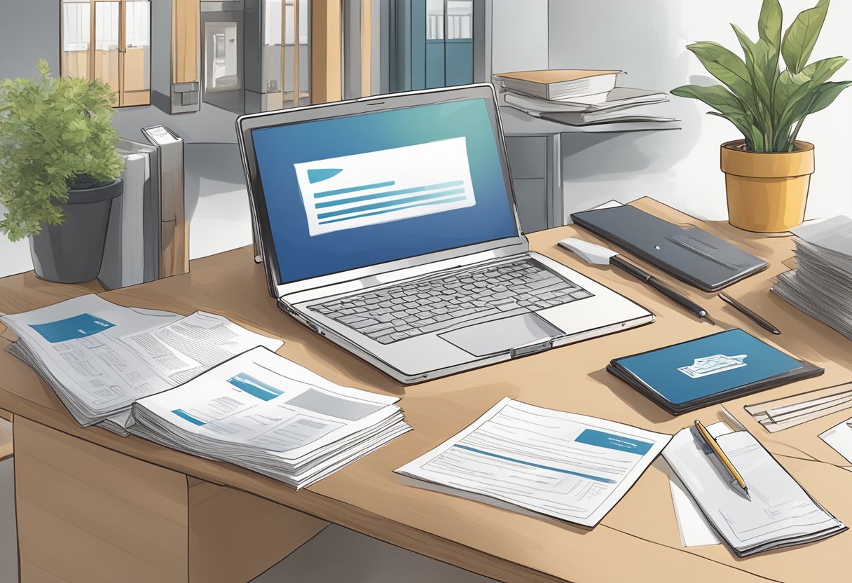 A desk with a laptop, legal documents, and a BavariaDirekt Rechtsschutzversicherung policy brochure