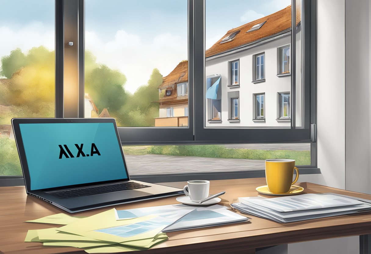 A table with a laptop, phone, and documents. A house in the background with a broken window and a "AXA Privathaftpflicht" sign