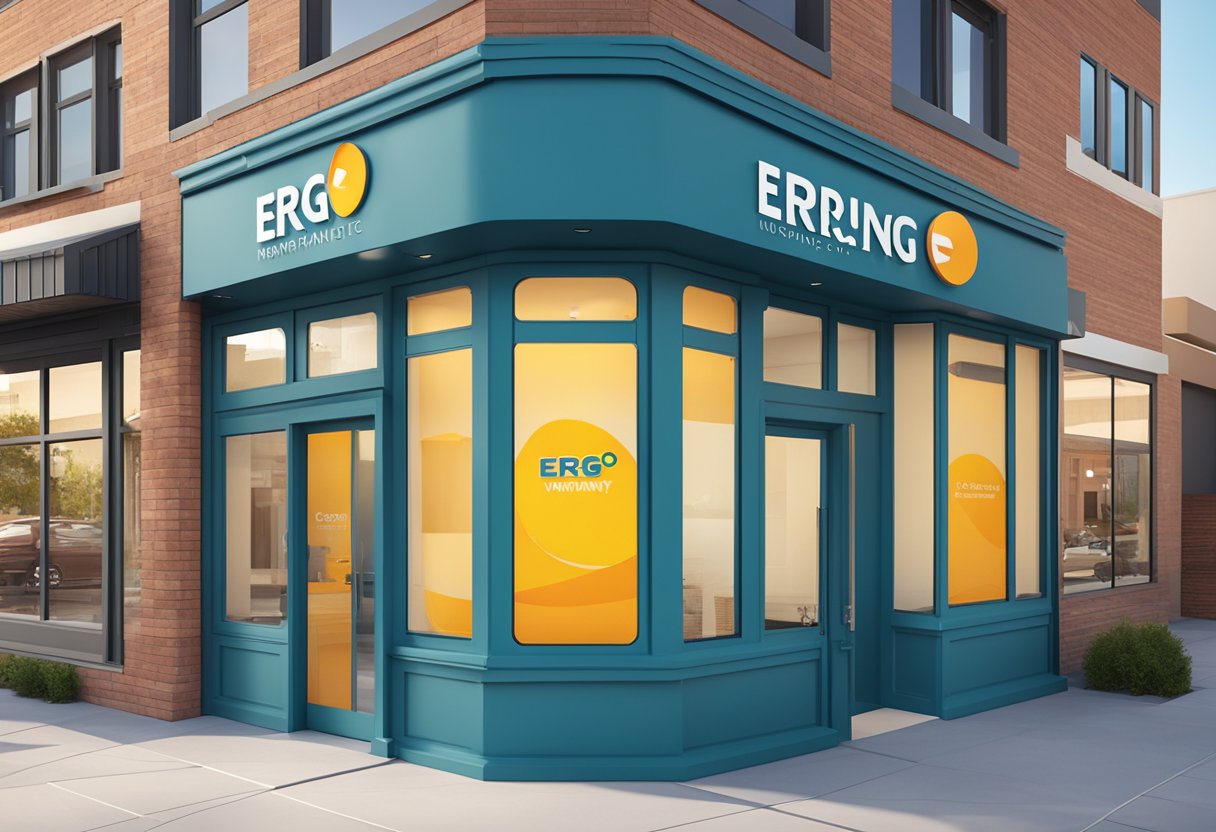 A bright, bold ERGO warranty insurance logo displayed prominently on a clean, modern storefront window