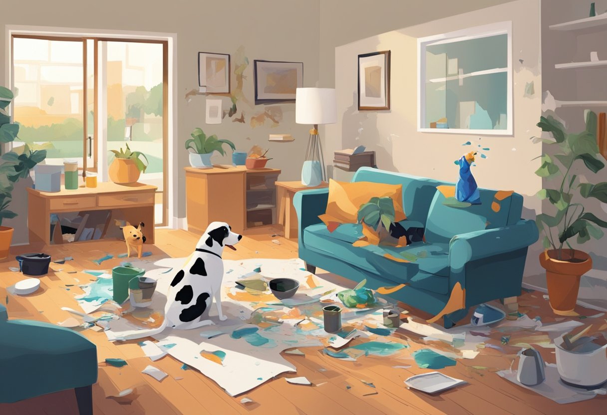 A chaotic living room with a broken vase, spilled paint, and a chewed-up sofa, while a panicked pet owner looks on