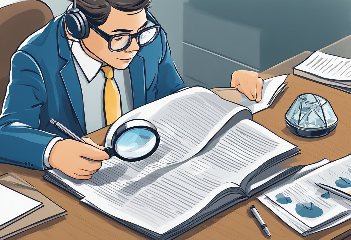 A person reading a pamphlet titled "Important Notes and Tips for Allianz Private Liability Insurance" with a magnifying glass on a desk