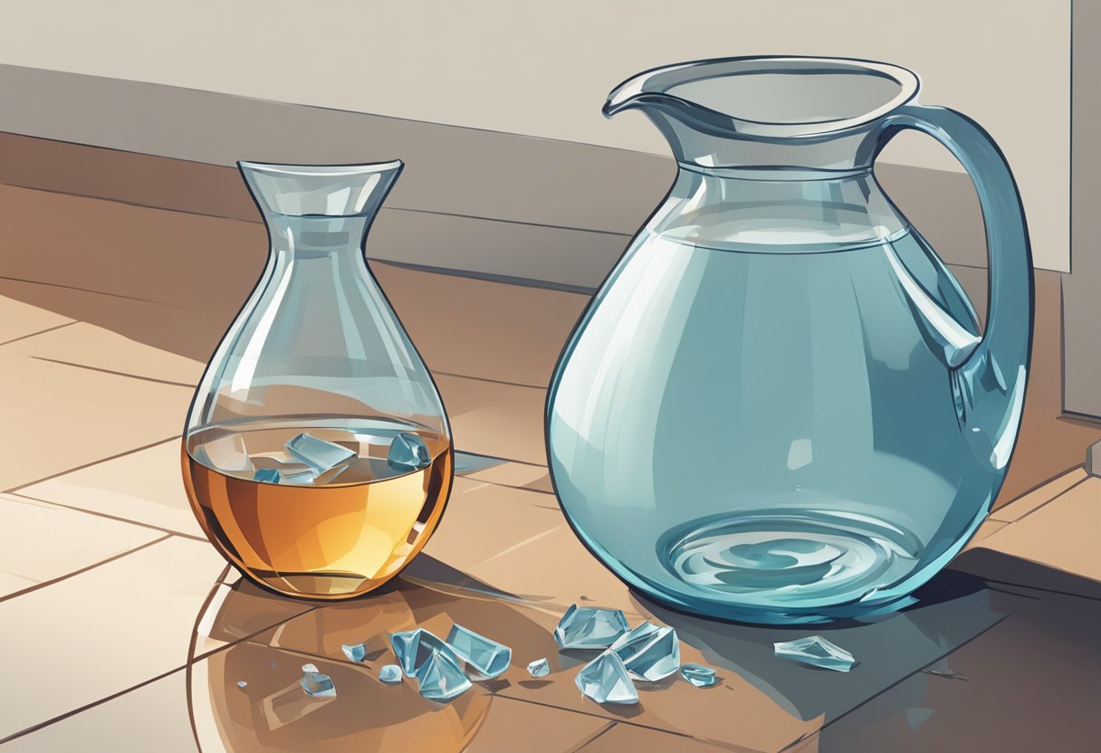 A broken vase lying on the floor, with a spilled glass of water beside it, and a red-faced individual looking on in dismay