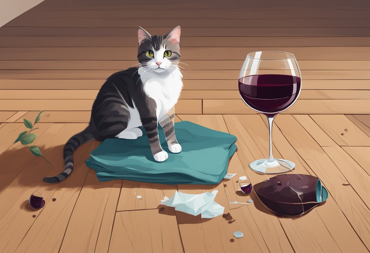 A broken vase on a wooden floor, a spilled glass of red wine, and a guilty-looking cat standing nearby