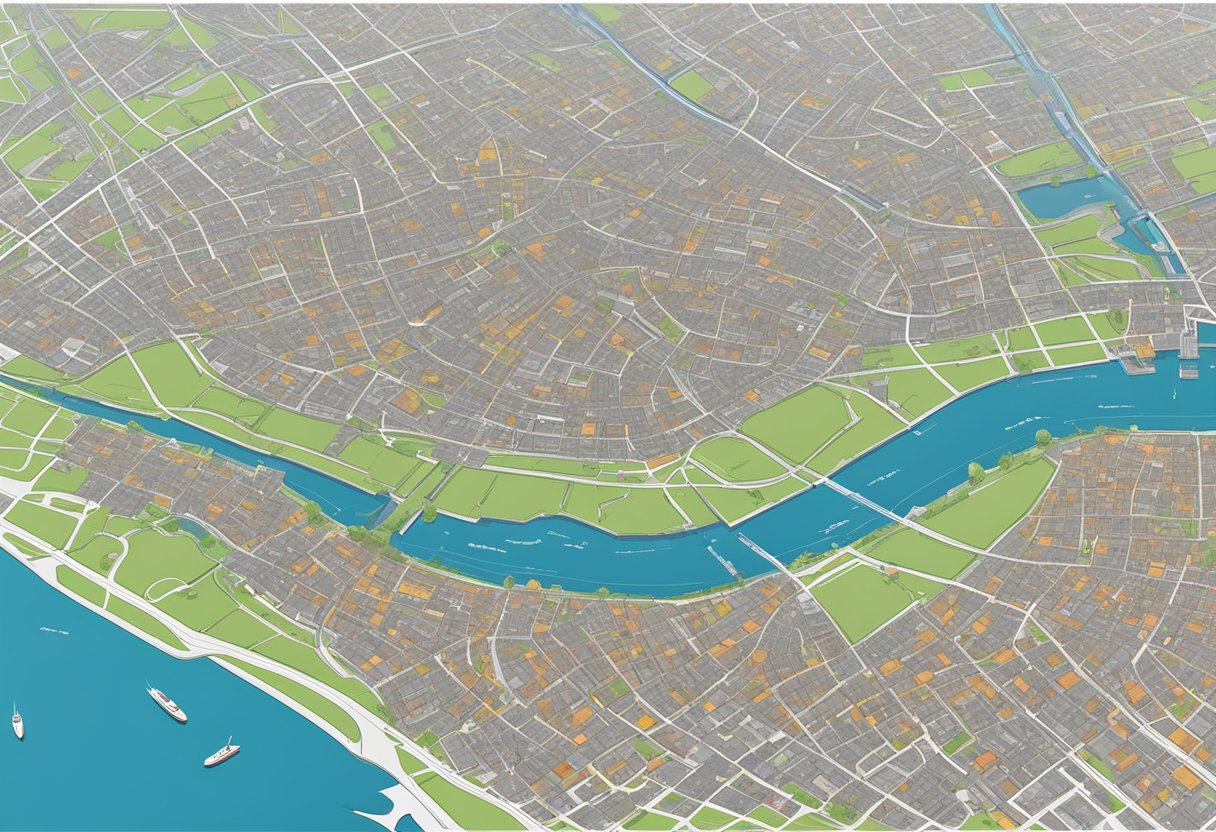 A cityscape of Hamburg with specific coverage areas highlighted for liability insurance