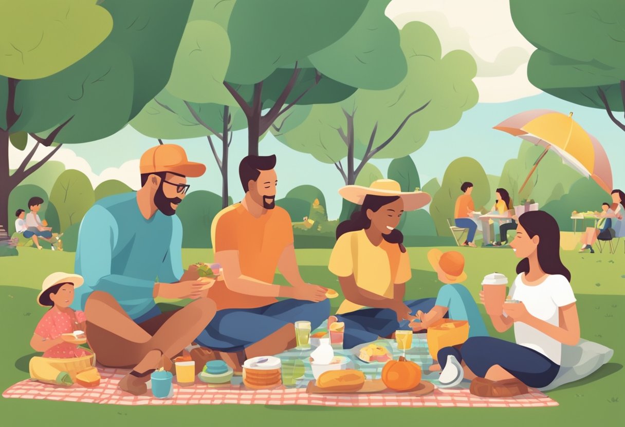 A family enjoying a picnic in the park, surrounded by various activities and people, symbolizing the social importance of private liability insurance