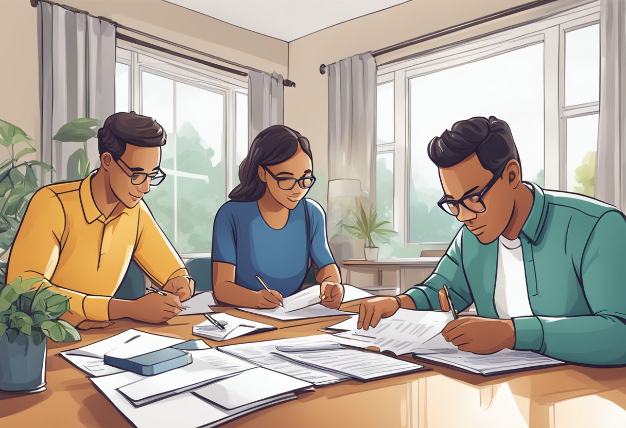 A family sitting at a table, reviewing and signing contracts for their private liability insurance. Documents and calculators are spread out in front of them