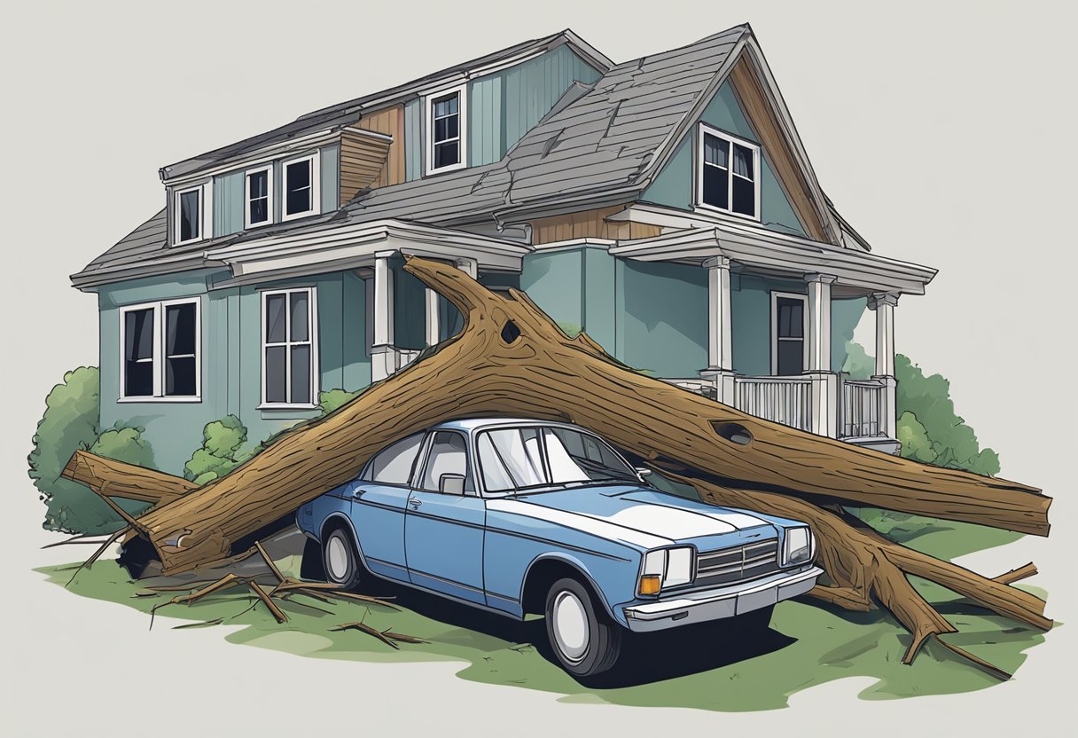 A house with a broken window, a fallen tree, and a damaged car, all covered by the WGV private liability insurance